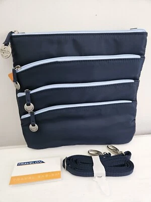 Travelon Two Tone Blue Crossbody Bag Expandable Travel Organizer 4 Zippers NWT