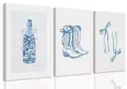 3Pcs Framed Blue Bow Wall Art Coquette Canvas Prints Coastal Cowgirl Boot Pos...