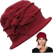 [Hemore] Cloche Hats for Women Flower Embroidered Wine Red Cloche Hat Average Size Cloche Double-Layer Polar Fleece Autumn Winter Hat for Indoor, Outdoor, Cloche Hats for Women