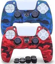 Sofunii 2 Pack Silicone Controller Skins Camo Anti-Slip Cover Case Protector Sleeve for Playstation 5 /PS5 Controller with 8 x Thumb Grip Caps(Blue,Red)