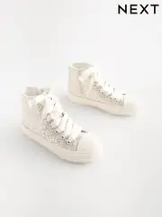 Ivory White Glitter Lace-Up High Top Trainers (Q93545) | $30 - $39