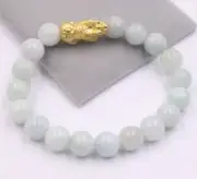 Pure 3D Yellow Gold Coin Pixiu with Natural 8mm Jadeite Bead Bracelet
