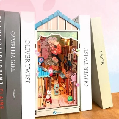 Cat Grocery Store DIY Wooden Book Nook Bookshelf Insert Miniature Dollhous