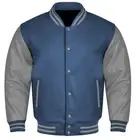 Varsity College Lettermen Baseball Bomber Navy Wool & Grey Leather Jacket