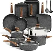 [Kitchen Academy] Induction Cookware Set-17 Piece Non-stick Cooking Pan Set, Black Granite Pots and Pans Set