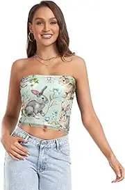 [RPLIFE] Watercolor Easter Rabbits Flowers Green Womens Crop Tube Top Strapless Top Women, Mesh Tube Tops, Trendy Crop Tops (S)