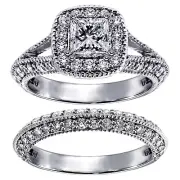 2.40 CT Halo Princess Cut Diamond Engagement Bridal Set in Platinum New!