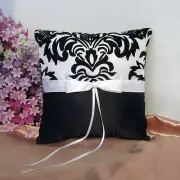 Black White Wedding Ring Bearer Pillow White Bow Floral design pattern hand grip