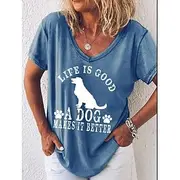 Women's Dog Funny Slang T Shirt Graphic Letter Casual Short Sleeve V Neck Regular Tops Daily Print Black White Light Green Pink Blue Summer Spring Dog Funny Sl