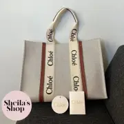 NWT Chloe Woody Large Tote Bag Leather-Trimmed Canvas White & Brown