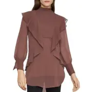BCBGMAXAZRIA Ruffle Trimmed Tunic Blouse XXS Dark Berry Sheer Chiffon HiLow $228