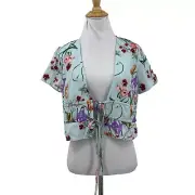 Boohoo Tie Front Top Women 2 Blue Floral Short Sleeve Lightweight Crop Polyester