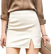 [Generic] Women's Leather Skirts High Waisted High Side Slit Bodycon Mini Skirts