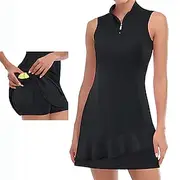 US Open Women's Tennis Dress with Built in Shorts and Bra Sports Dress Sleeveless Pleated Breathable Tennis Golf Pickleball Zip Collar Solid Colored Dress Tank