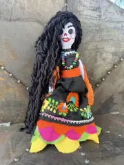 Hispanic Floral Embroidered Dress Handmade Rag Doll Beads Skeleton