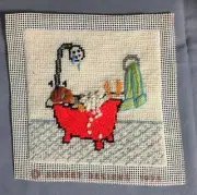 Red Bathtub with Bubbles Design Completed Cross Stitch.
