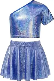 [Aislor] Kids Girls Shiny Jazz Hip Hop Dance Dress Cheerleading Dance Short Sleeve Top And Skirt Sets Dancewear