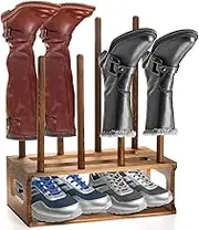 Goaste Wood Boot Rack Organizer, 4 Pairs Free-Standing Wooden Shoe Holder, Rustic Entryway Storage Stand with 8 Tall Posts for Cowboy, Knee-High & Riding Boots