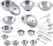 25PCS Kids Kitchen Pretend Play Toys,Mini Stainless Steel Kitchen Cookware Playset Kits,Cooking Toys Play Pots and Pans Set for Girls, Boys