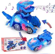 Transforming Dinosaur Car with LED Light and Music, Dino Transformer Toys for Kids, Christmas Birthday Gifts for Tolddlers Dinosaur Transformer Car Toys for Boys (Blue)