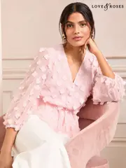 Love & Roses Blush Pink Petite V-Neck 3/4 Sleeve Peplum Blouse (AP6892) | $92