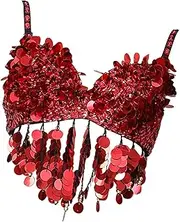 [LeeQinersw] Sequin Crop Top Tassel for Club Stage Festival Party Performance, Red, 38 Yards
