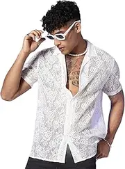 [WDIRARA] Men's Floral Lace See Through Button Front Short Sleeve Shirt Summer Tee Top