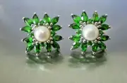 Awesome Chrome Diopside Square Stud Earrings with Creamy White Pearl- 925-SS