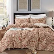 [Zusbest] Burgundy Duvet Cover Set King Size 100% Percale Cotton Red Beige Paisley Comforter Cover Toile Printed Bedding Luxury Crisp Soft Reversible Floral Bedding 3Pcs, King