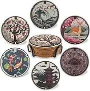 Japanese Coasters Japan Manhole Design Coasters for Drinks Cherry Blossom Koi Pagoda Deer Cork Coasters for Coffee Table Housewarming Birthday Gifts Set of 6