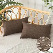 UGASA Outdoor Throw Pillow Covers Pack of 2 Plaid Texture Waterproof Farmhouse Linen Decorative Lumbar Cushion Pillows Covers for Patio Porch Outside Yard Garden Bench 12x20 Inch, Brown