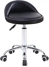 KKTONER PU Leather Round Rolling Stool with Back Rest Height Adjustable Swivel Drafting Work SPA Medical Task Chair with Wheels Black