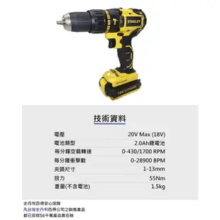 STANLEY 史丹利 20VMax(18V)鋰電無碳刷震動電鑽調扭起子機 SBH201D2K