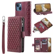 For iPhone 15 Anti-Dust PU Leather Phone Case Rhombus Texture Zipper Wallet Cover with Strap