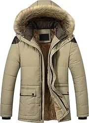 [Qolkmuiy-GJ] Men's Winter Warm Parka with Hood Faux Fur Hooded Sherpa Lined Coat Long Down Coat Mountain Ski Outerwear