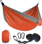 SOOPRNO Camping Hammock. Portable Double and Single Hammock with 2 Tree Straps and Attached Carry Bag. Camping Gear for Outdoor Hiking Camping Beach Backpacking Travel. (Orange & Light Gray)
