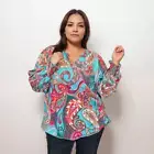 ROCKTHOSECURVES WOMENS BLOUSE TOP PLUS SIZE TEAL PAISLEY CROSS-OVER LONG SLEEVE