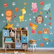 PinkEleph Animal Sports Wall Stickers - Elephant Giraffe Tiger Lion Bear Pig Wall Decals - Baby Nursery Kids Boy Girls Room Daycare Playroom Classroom Wall Decor