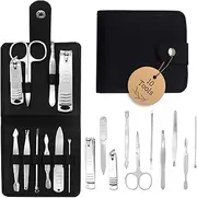 Manicure Set Pedicure Kit, Nail Clippers & Grooming Set - 10 Pieces Carbon Steel Tools - Nail Clippers, Eyebrow/Moustache Scissors, Tweezer, Cuticle Pusher & More - Giftable Vegan Black Case
