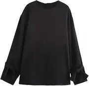 [Zadaos] Women O-Neck Long Sleeves Lace-Up Button Decorate Shirts+Fall Elastic Waist Pockets Wide Leg Pants Set