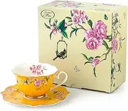 Eplze Pink Peony Flowers Pattern Ceramic Tea Cup with Saucer, Bone China Teacup for Afternoon Tea or Home Décor- Yellow (Cup and Saucer Set)