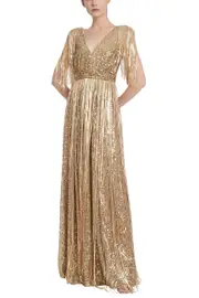 [BADGLEY MISCHKA] SEQUINED EVENING GOWN WITH FRINGES US 6 GOLD