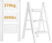 HOMYTECH 3 Step Ladder 270 KG Load Capacity Folding Step with Anti Slip Wide Steps, Lightweight Foldable Stool, Portable Folding Ladder, Indoor/Outdoor Multi-Purpose Small Step Ladder, White