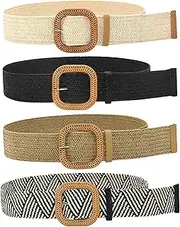 [HMIEPRS] 4 Pack Boho Straw Woven Elastic Stretch Waist Belts, Waist Braided Skinny Dress Belts for Women
