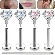 [BodyAce] 16G Tragus Piercing Medusa Lip Jewelry Long Internally Threaded Cartilage Helix Studs Flat Back Earrings Surgical Steel CZ Monroe Labret Rings Nose Stud