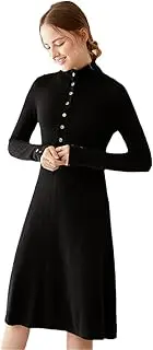 [Zozogag] 100% Solid Goat Cashmere Knitted Dress Turn-Down Collar Long Jumpers Winter Warm Top Grade Ladies Dress Clothes