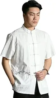 [Generic] Men's Linen Shirt Stand Collar Short Sleeve Bamboo Leaf Embroidered Top Chinese Retro Style