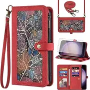 Phone Case for Samsung Galaxy S23 5G Wallet Cover With Tempered Glass Screen Protector and Crossbody Wrist Strap Leather Flip Pattern Zipper Card Holder Cell S 23 23S GS23 G5 SM-S911U 6.1 inch Red