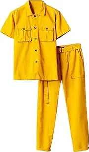 [Snoly] Men's Short Sleeve Cotton Buttons Pockets Coverall Tracksuits Tooling Suit