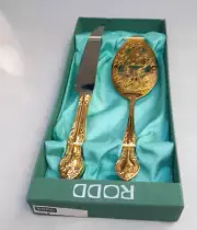 Rodd Cake Server Set In Box Gold Plated Rodd Knife Patterned Piece